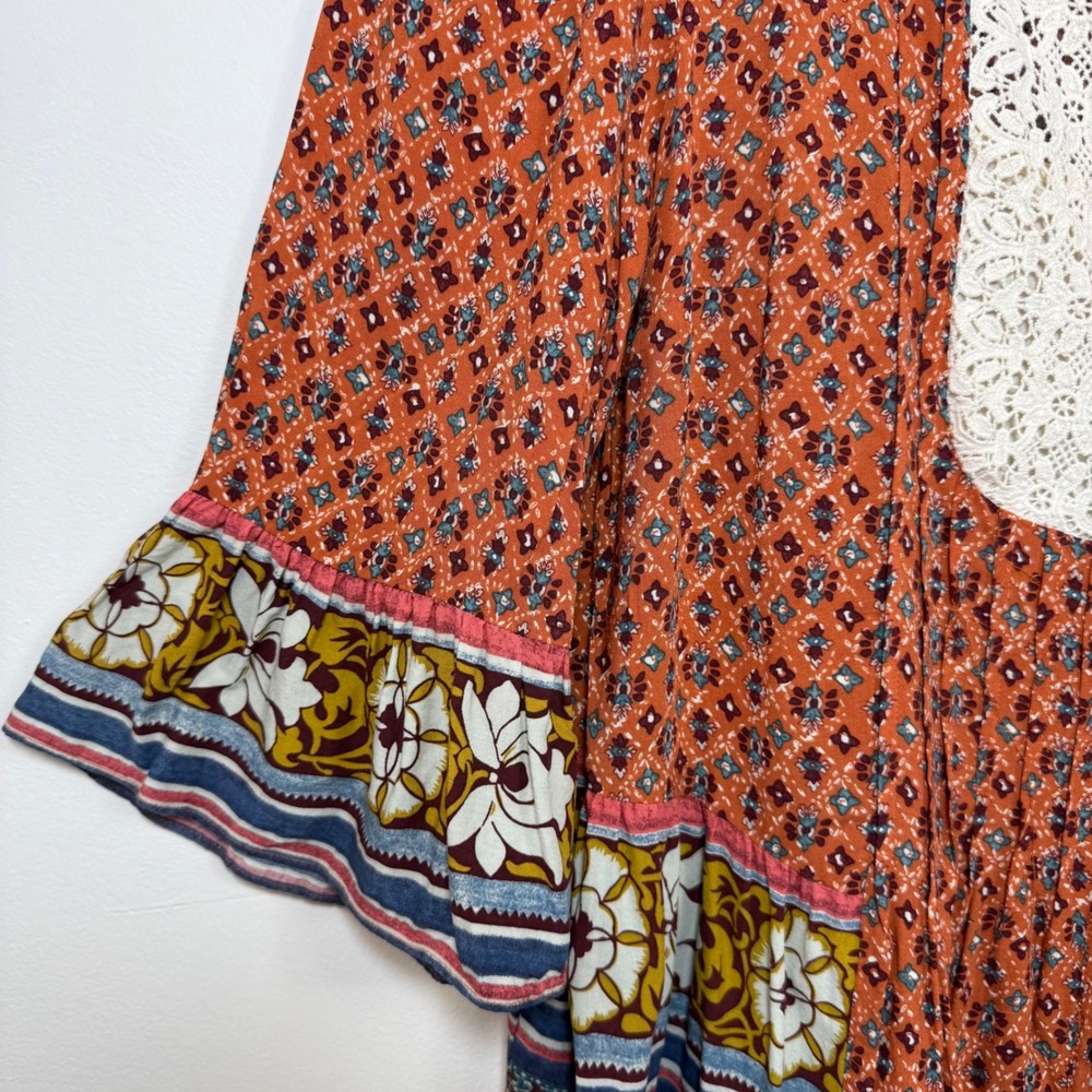 Maeve Anthropologie Mixed Print Blouse Sz 4 Orange Lace Bib Boho Ruffle Peasant - Picture 5 of 14